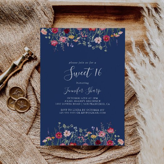 Invitation Boho Fleur sauvage Sweet 16 fête d'anniversaire