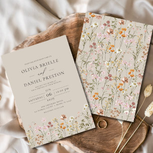 Invitation Boho Fleur sauvage Taupe Beige Garden Mariage