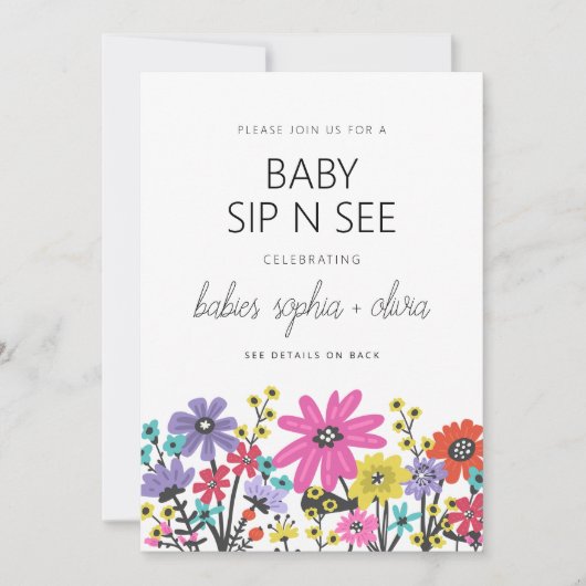 Invitation Boho Fleur sauvage Twin Baby Sip Et Voir (Devant)