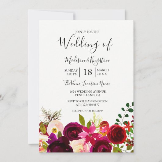 Invitation Boho Fleurs Bourgogne Printemps Automne Mariage In (Devant)
