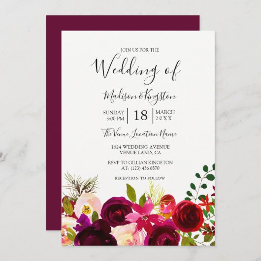 Invitation Boho Fleurs Bourgogne Printemps Automne Mariage In (Devant / Derrière)