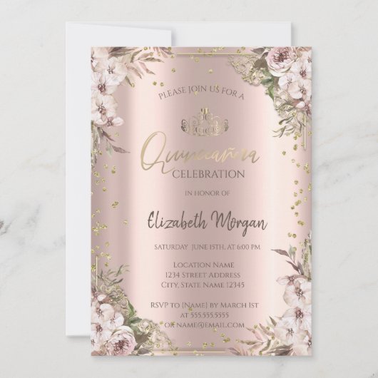Invitation Boho Fleurs Diamants Quinceanera (Devant)