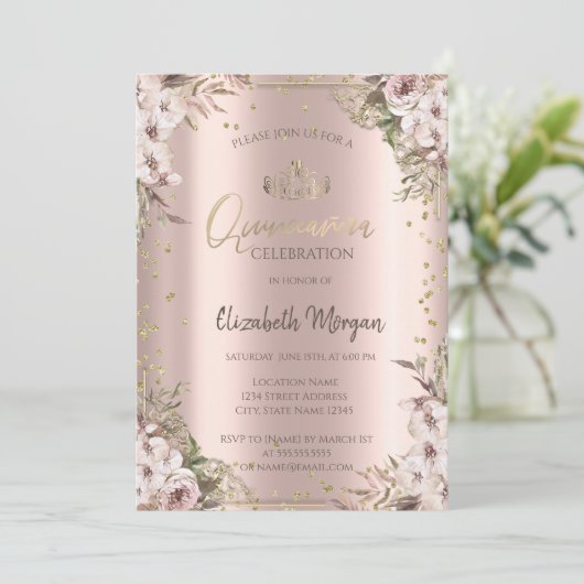 Invitation Boho Fleurs Diamants Quinceanera (Debout devant)