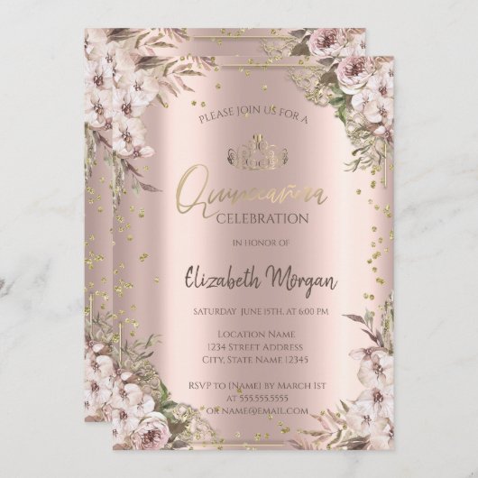 Invitation Boho Fleurs Diamants Quinceanera (Devant / Derrière)
