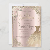Invitation Boho Fleurs, Diamants Robe Rose Or Quinceañera (Devant)