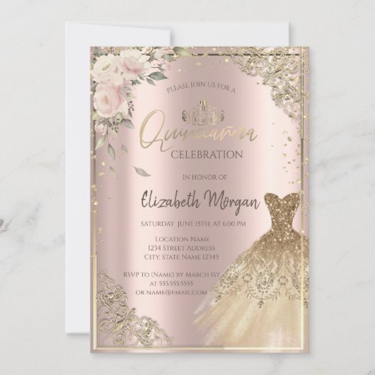 Invitation Boho Fleurs, Diamants Robe Rose Or Quinceañera (Devant)