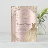 Invitation Boho Fleurs, Diamants Robe Rose Or Quinceañera (Debout devant)