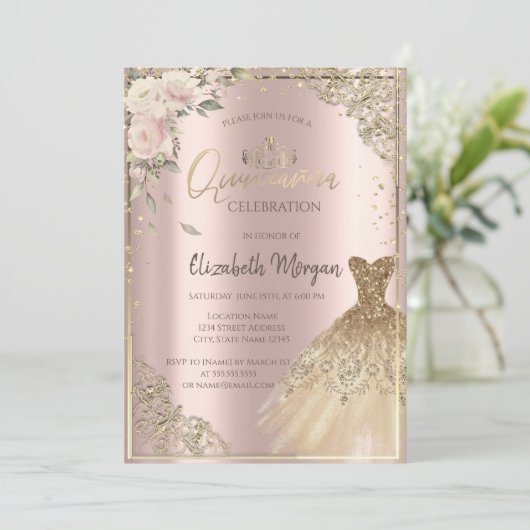 Invitation Boho Fleurs, Diamants Robe Rose Or Quinceañera (Debout devant)