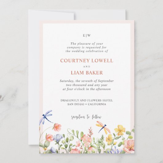 Invitation BOHO Fleurs douces et libellules Mariage de jardin (Devant)