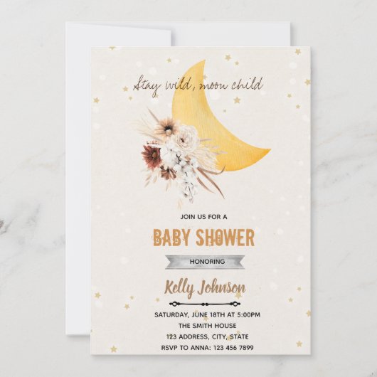 Invitation Boho fleurs douche reste sauvage enfant lune  (Devant)