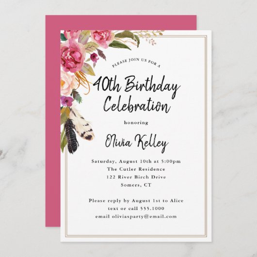 Invitation Boho Fleurs et plumes rustique 40e anniversaire (Devant / Derrière)