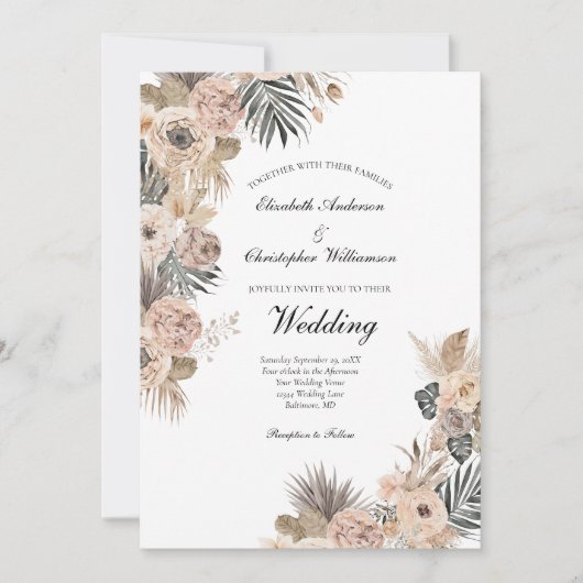 Invitation Boho Fleurs Floral Botanical Feuille Mariage (Devant)