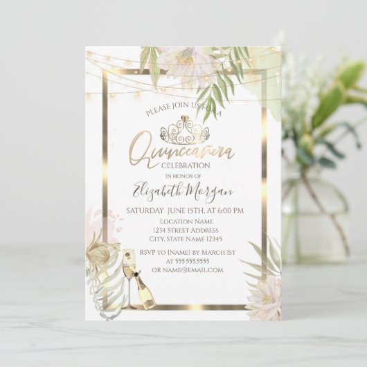 Invitation Boho Fleurs Frame Vin Quinceanera (Debout devant)
