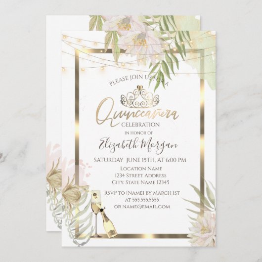 Invitation Boho Fleurs Frame Vin Quinceanera (Devant / Derrière)