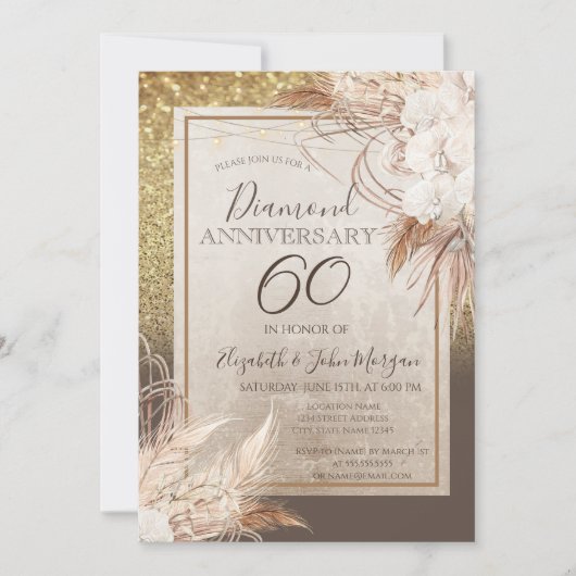 Invitation Boho Fleurs Herbe de Pampas Paillettes Anniversair (Devant)