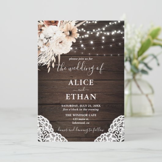 Invitation Boho Fleurs neutres Rustiques Pampa Mariage en Gra (Debout devant)