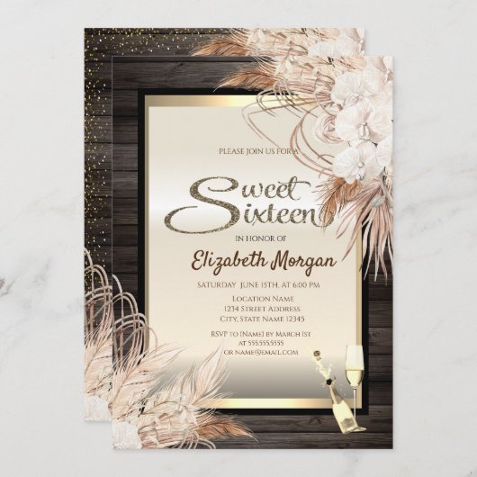 Invitation Boho Fleurs Pampas Grass Bois doux 16 (Devant / Derrière)