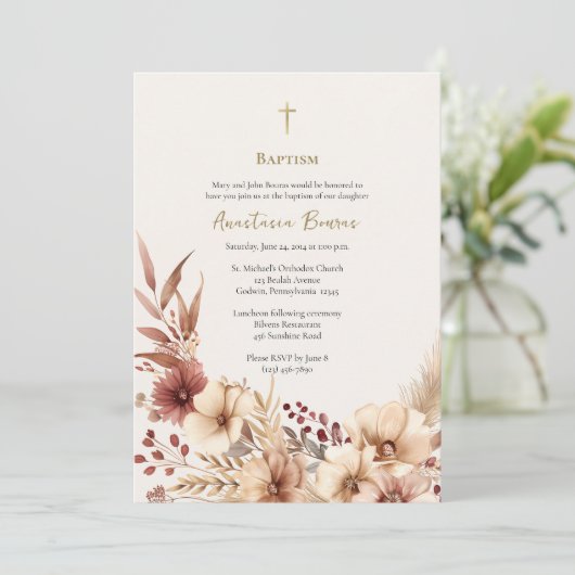 Invitation Boho Fleurs Pampas Grass Orthodoxe Baptême (Debout devant)