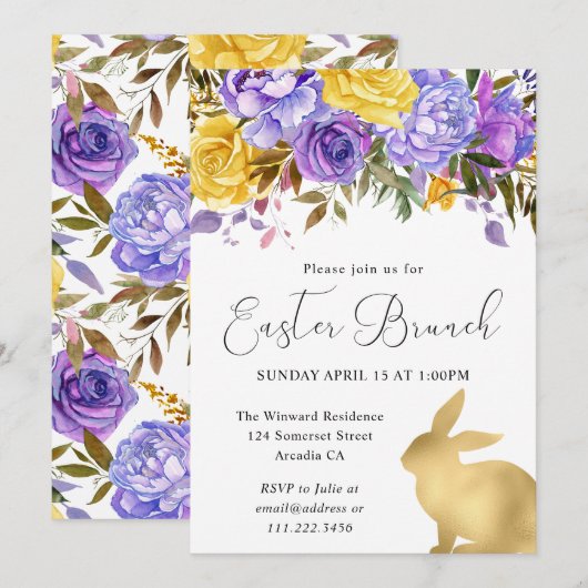 Invitation Boho Fleurs Printanières et Lapins Dorés Brunch de (Devant / Derrière)
