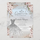 Invitation Boho Fleurs Robe Argent Drives Quinceanera (Devant / Derrière)