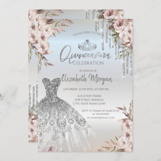 Invitation Boho Fleurs Robe Argent Drives Quinceanera (Devant / Derrière)