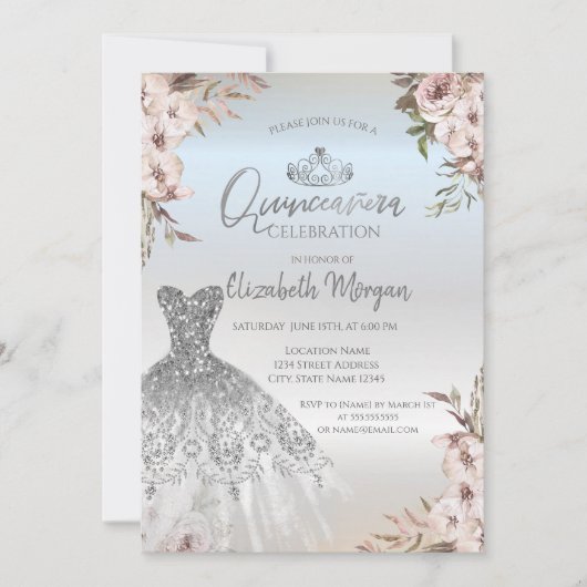 Invitation Boho Fleurs robe argent Quinceanera (Devant)