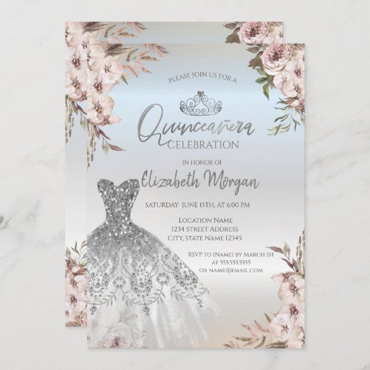 Invitation Boho Fleurs robe argent Quinceanera (Devant / Derrière)