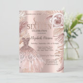 Invitation Boho Fleurs Robe Rose Gold Douze 16 Ans (Debout devant)