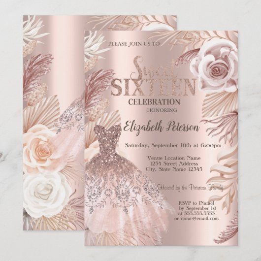 Invitation Boho Fleurs Robe Rose Gold Douze 16 Ans (Devant / Derrière)