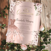 Invitation Boho Fleurs Robe Rose Or Quinceanera