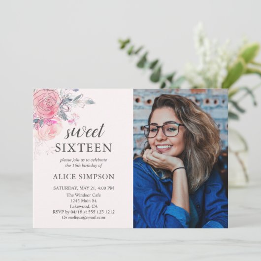 Invitation Boho Fleurs rose clair doux 16 (Debout devant)