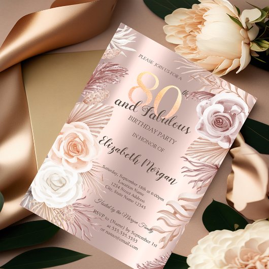 Invitation Boho Fleurs Rose Gold 80e Anniversaire