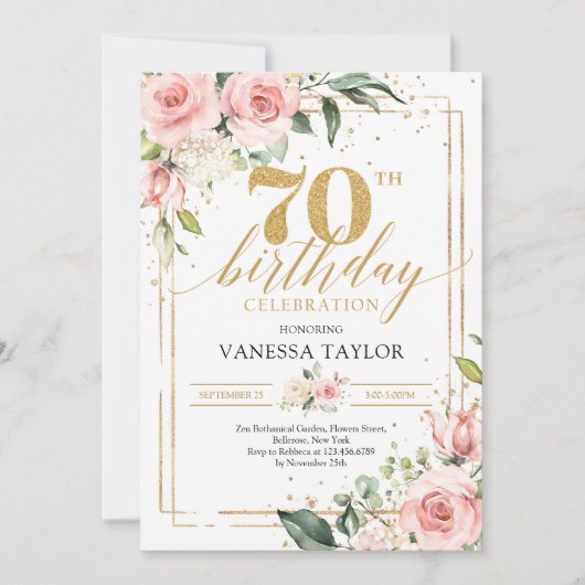 Invitation Boho fleurs rose gold eucalyptus & or 70ème (Devant)