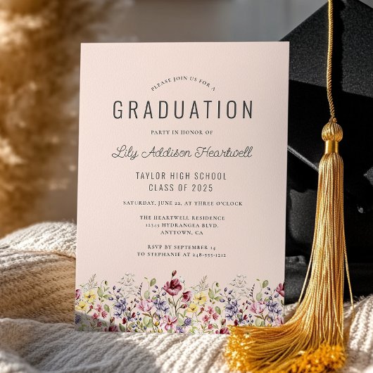 Invitation Boho Fleurs sauvages Blush Pink Graduation Party