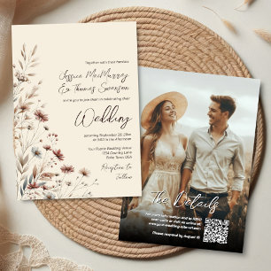 Invitation Boho Fleurs Sauvages & Code QR Moderne pour Mariag