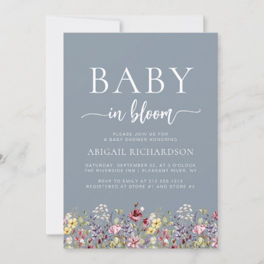 Invitation Boho Fleurs sauvages Dusty Blue QR Code Baby showe (Devant)