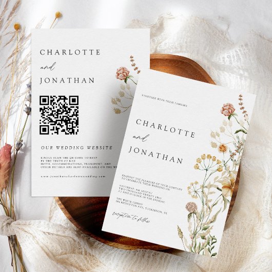Invitation Boho Fleurs sauvages minimum QR Code Mariage