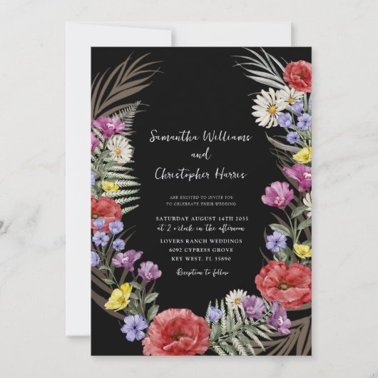 Invitation Boho Fleurs sauvages Noir Tout en un Mariage (Devant)