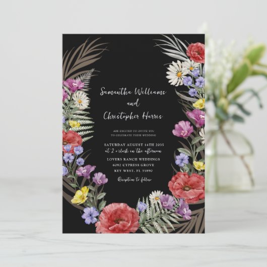 Invitation Boho Fleurs sauvages Noir Tout en un Mariage (Debout devant)