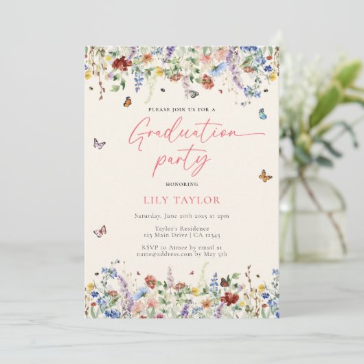 Invitation Boho Fleurs sauvages papillons 2025 Graduation Pho (Debout devant)