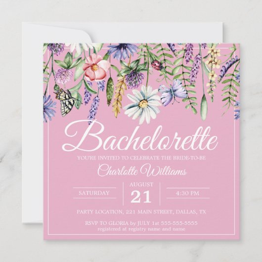Invitation Boho Fleurs sauvages rose pâle (Devant)