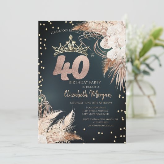 Invitation Boho Fleurs Tiara Diamonds Vert 40e (Debout devant)
