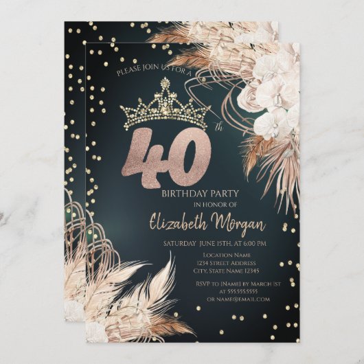 Invitation Boho Fleurs Tiara Diamonds Vert 40e (Devant / Derrière)