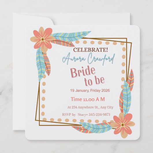 Invitation Boho Floral and Feather Square Bridal Shower Invit (Devant)