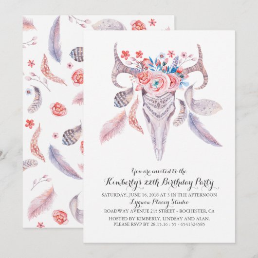 Invitation Boho Floral Aquarelle Crâne fête d'anniversaire (Devant / Derrière)