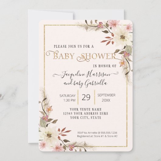 Invitation BOHO Floral Aquarelle Élégante photo Baby shower (Devant)