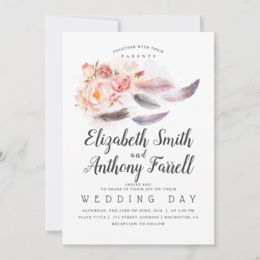 Invitation Boho Floral Aquarelle Plumes Mariage (Devant)