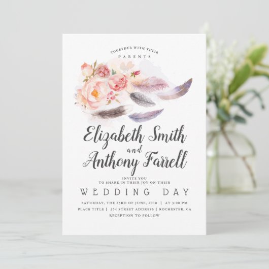 Invitation Boho Floral Aquarelle Plumes Mariage (Debout devant)