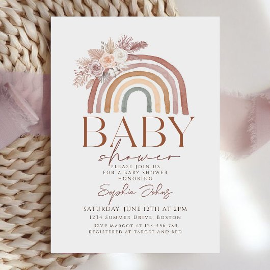 Invitation Boho Floral Aquarelle Rainbow Baby shower