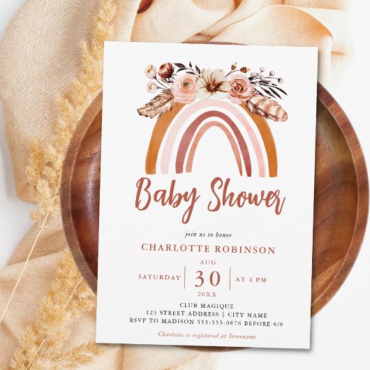 Invitation Boho Floral Arc-en-ciel Terracotta Baby shower ora